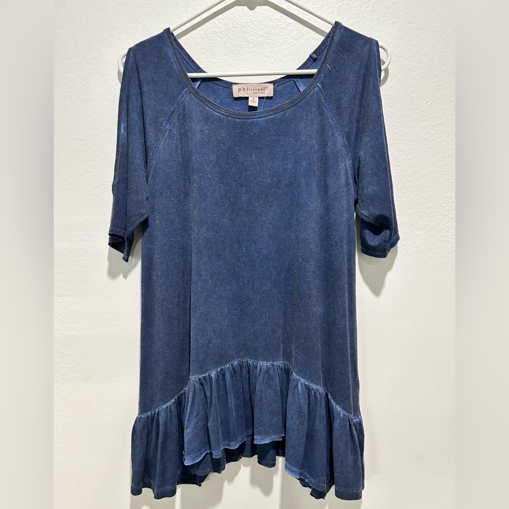 Philosophy Womens Top Small Blue  Slit‎ Sleeve  Round Neck Ruffled Bottom